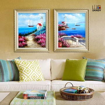 
                                        山迪手绘油画欧式客厅装饰画餐厅玄关挂画地中海风景画 地中海B1竖版 实木画框62X72cm                