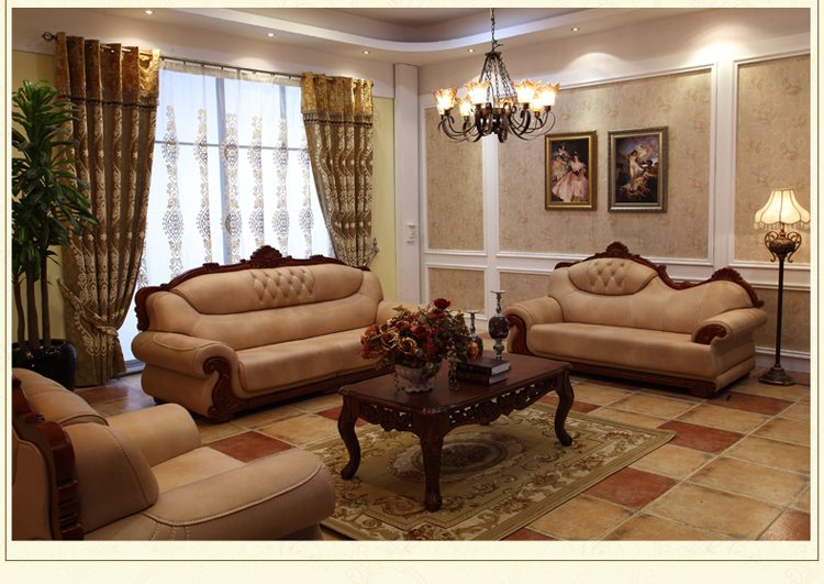 创意先生 厚皮欧式真皮沙发组合客厅 实木雕花