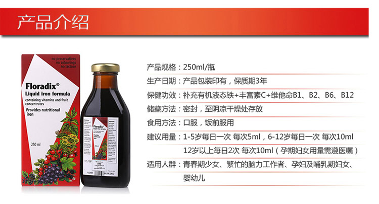 德国Floradix铁元果蔬营养液浓缩口服液250ml
