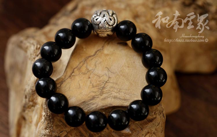 纯天然黑曜石手串男女款12-15M 配泰银