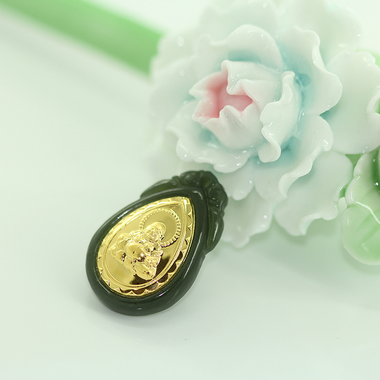 凤瑞麟 天然A货和田玉金镶玉佛公吊坠 水滴翡