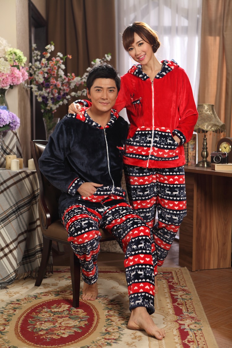 轩靓 情侣 法兰绒 家居服 加厚 圣诞连帽<em>拉链</em> 睡