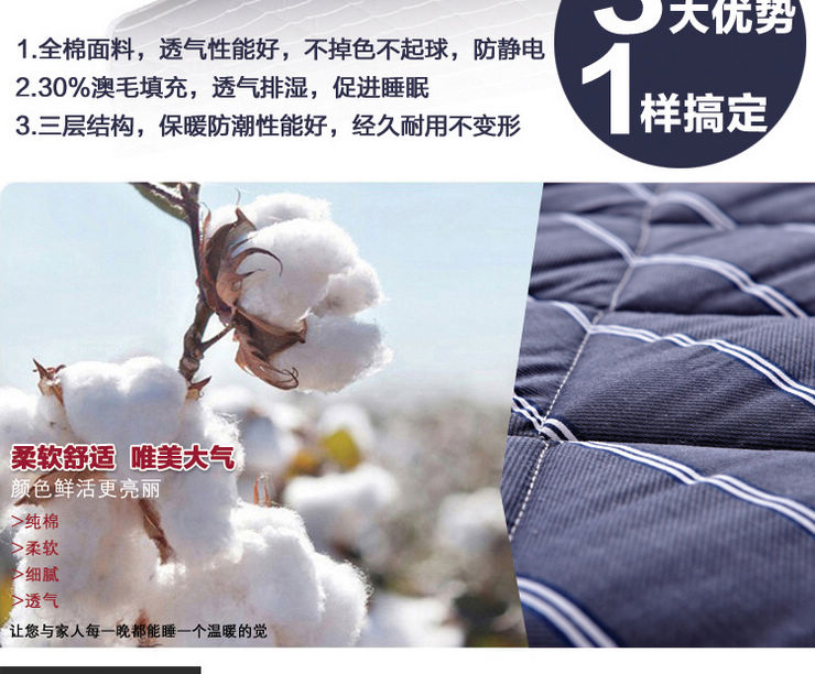 
                                        卧特曼家纺 四季通用澳洲羊毛软床垫 5-8cm 单人双人 澳毛床垫(蓝色经典加厚8cm) 1.5*2.0米                