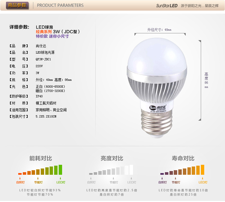 尚仕达 LED灯泡 led节能灯泡 球泡灯 3w/5w/7w e27螺口灯 十只装 3W球泡JDC1-暖白 十只装
