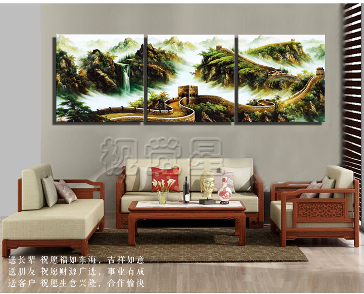 
                                        视觉星装饰画客厅沙发背景墙餐厅三联挂画现代壁画可遮挡电表箱画国花牡丹家和万事兴 万里长城 60*60三幅                