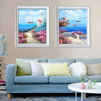 
                                        山迪手绘油画欧式客厅装饰画餐厅玄关挂画地中海风景画 地中海B1竖版 实木画框62X72cm                