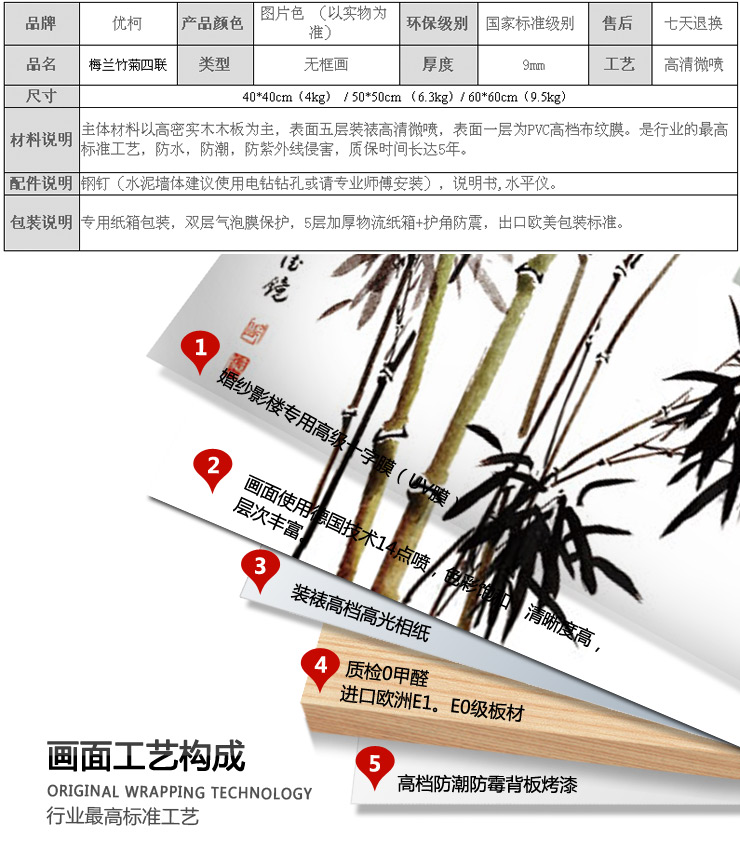 Timax 梅兰竹菊装饰画客厅中式书房 中国风现代简约字画挂画国画墙壁画 古典无框画四联幅 9mm 40*40cm(1套)