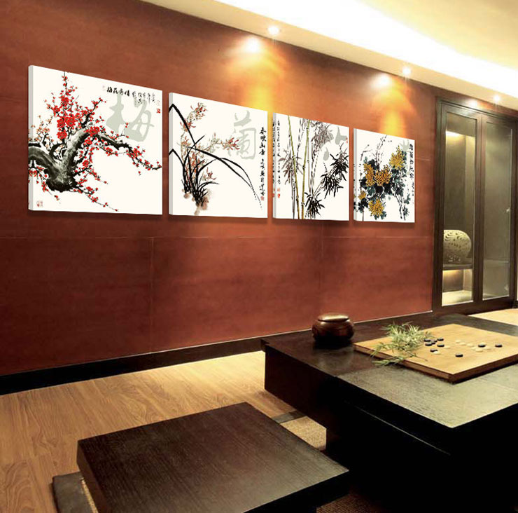 Timax 梅兰竹菊装饰画客厅中式书房 中国风现代简约字画挂画国画墙壁画 古典无框画四联幅 9mm 40*40cm(1套)