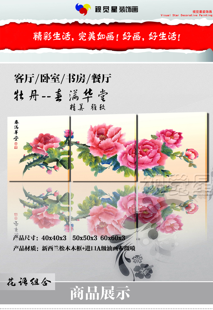 
                                        视觉星装饰画客厅沙发背景墙餐厅三联挂画现代壁画可遮挡电表箱画国花牡丹家和万事兴 万里长城 60*60三幅                
