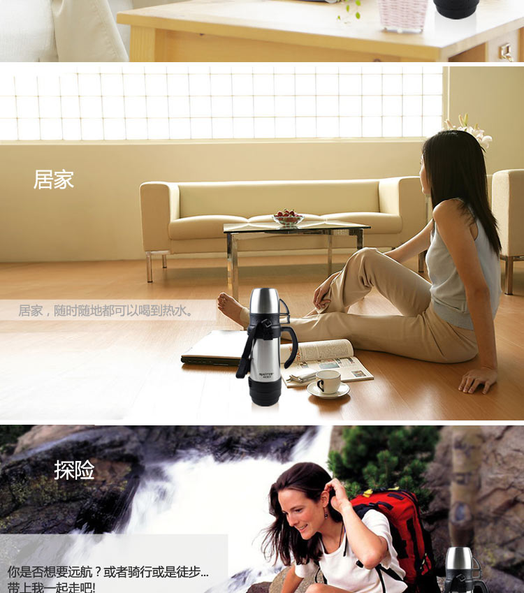 合口美 进口304不锈钢真空保温运动水壶 户外运动旅行热水瓶暖壶 944 砂光小 1000ml