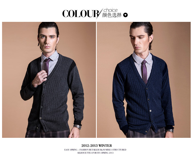 2014宝鲨旗<em>羊绒 </em>男士V领嵌色抽条<em>男开衫</em> 100