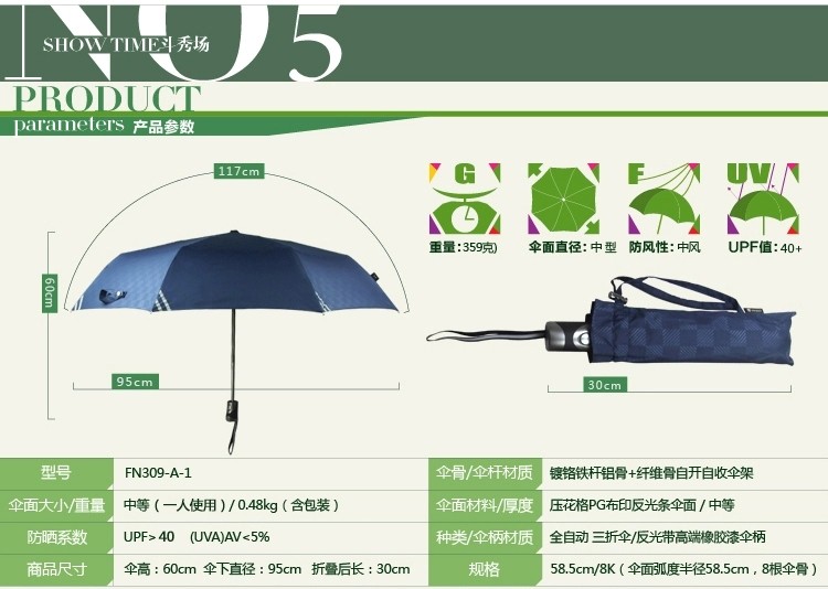 菲诺雨伞雨具折叠创意晴雨伞男女兼用伞商务自动伞自开收全自动雨伞超大 深海蓝