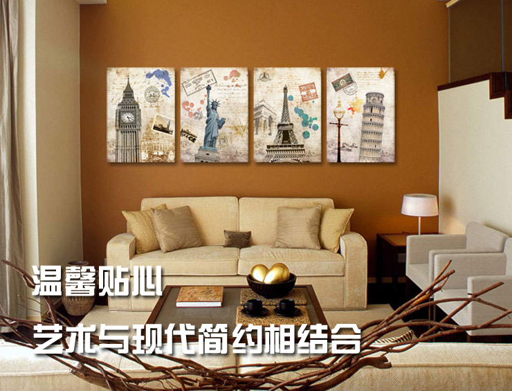 
                                        优柯 建筑无框画餐厅装饰画客厅现卧室壁画咖啡厅酒吧墙画挂画复古无框画四联幅 9mm50*70cm(1套)                