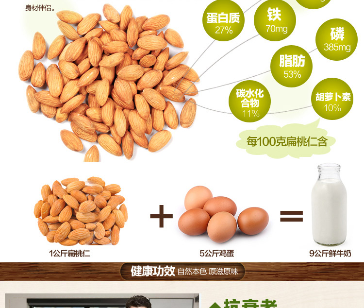 佳品堂 精选扁桃仁 无壳美国大杏仁 巴旦木 坚果