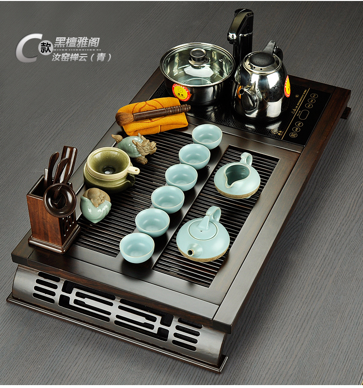 唐丰 雅阁功夫茶具套装 红木黑檀木实木茶盘 抽水烧水电热炉电磁炉 紫砂茶壶茶杯茶道1565 雅阁-富贵