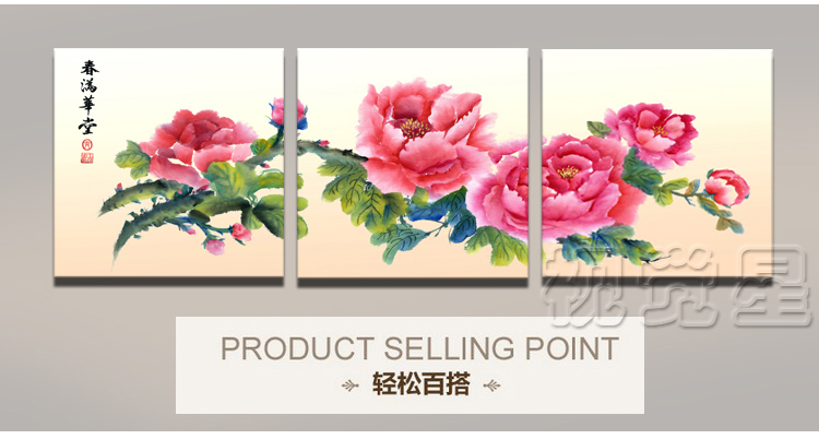 
                                        视觉星装饰画客厅沙发背景墙餐厅三联挂画现代壁画可遮挡电表箱画国花牡丹家和万事兴 万里长城 60*60三幅                