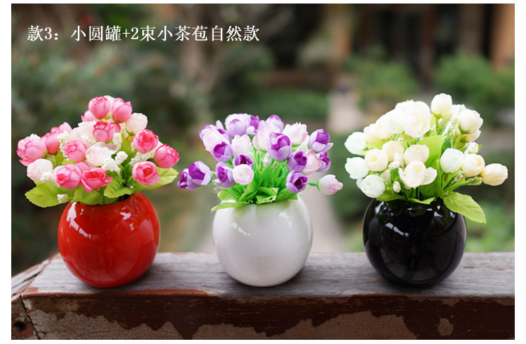
                                                            LmDec 3个花瓶带仿真花套装摆件绿植盆栽迷你花瓶陶瓷铁桶复古水泥盆假花客厅电视柜搁板装饰品 小圆罐+春茶苞(一套3瓶)                