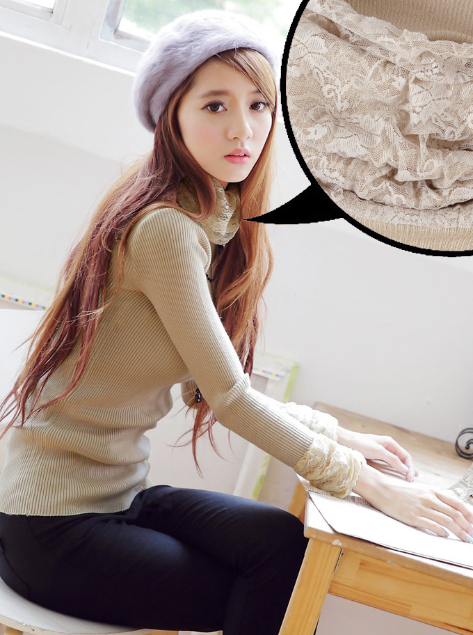 轩薇阁2015秋冬新款女装韩版甜美蕾丝堆高领纯色打底衫毛衣S11607 蓝色 均码
