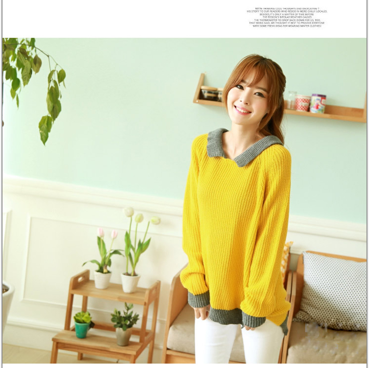 2013秋季新款女装拼接长袖显瘦娃娃领<em>毛衣</em>m