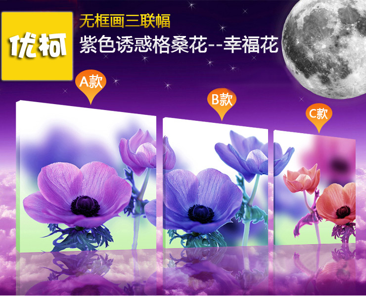 
                                        优柯 装饰画现代简约壁画欧式无框画客厅卧室床头咖啡厅酒吧挂画 紫色格桑花三幅 9mm60*60cm(1套)                