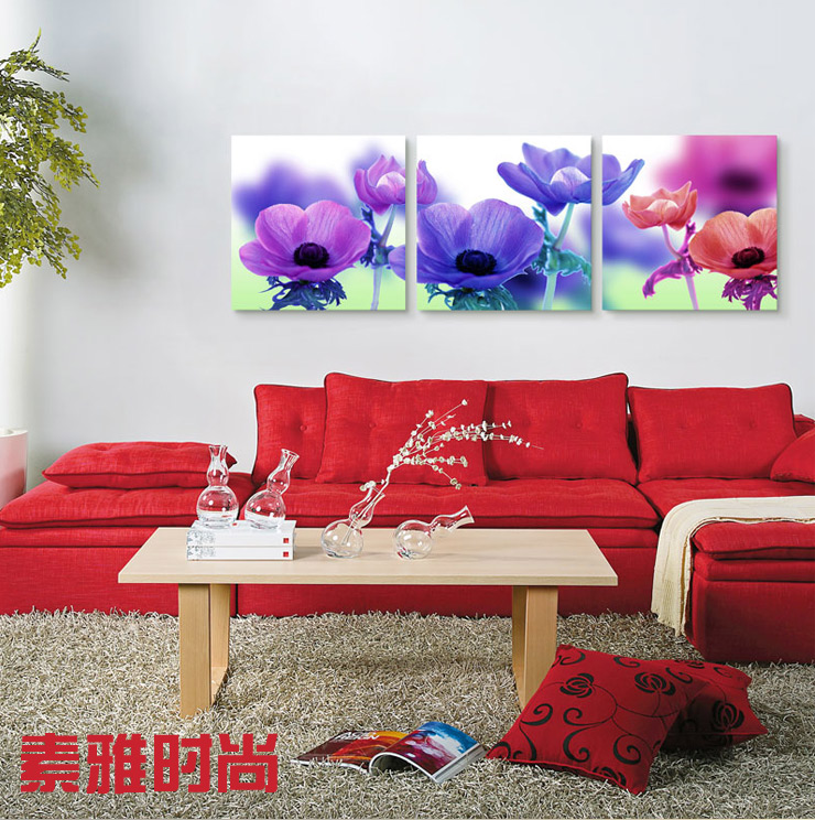 
                                        优柯 装饰画现代简约壁画欧式无框画客厅卧室床头咖啡厅酒吧挂画 紫色格桑花三幅 9mm60*60cm(1套)                