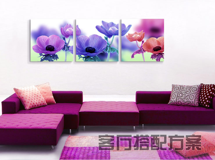 
                                        优柯 装饰画现代简约壁画欧式无框画客厅卧室床头咖啡厅酒吧挂画 紫色格桑花三幅 9mm60*60cm(1套)                