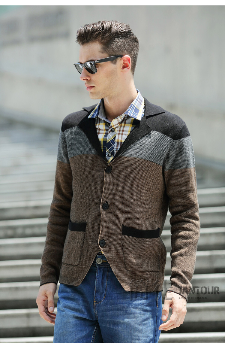 简徒 秋装新款男士毛衣 韩版<em>西装领针织</em>衫 <em>开衫</em>