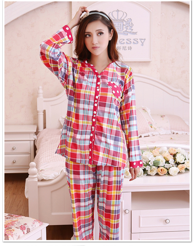 心仪树 秋季<em>睡衣女长袖纯棉</em>休闲格子<em>开衫</em>女款