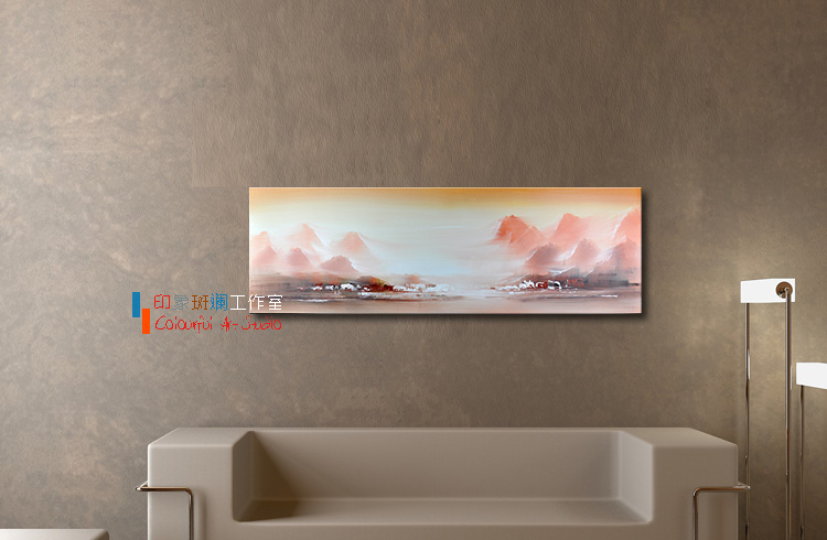 山水之间 原创油画 纯手绘 现代中式抽象风景装饰画 客厅卧室挂画 印象斑斓 B款-有框 50X150cm