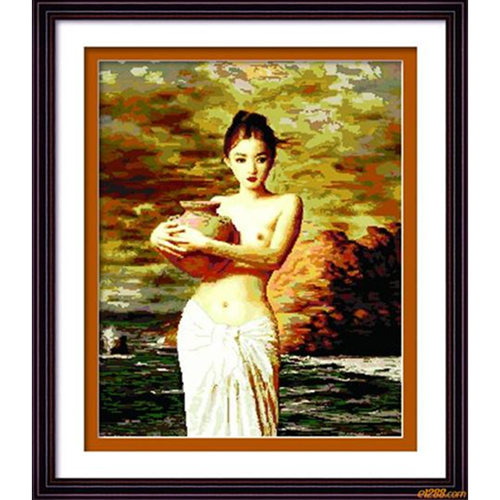 
                                        悠趣 精准印花布十字绣套件 抱陶女 陶美人 75x88CM 鲜亮丝线 满绣                