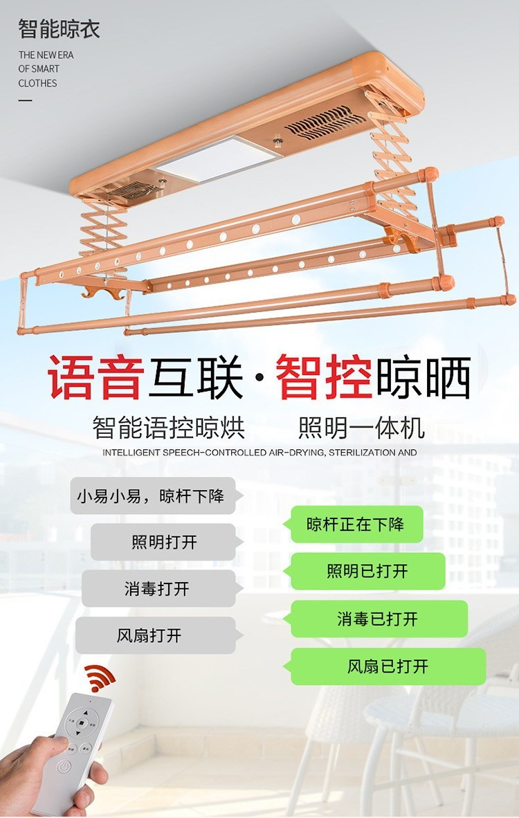 电动晾衣架铝合金升降晒衣机多功能无线遥控烘干衣架全自动智能阳台伸缩晾衣架家用室外晒衣杆 高雅黑 四杠(遥控升降+照明)