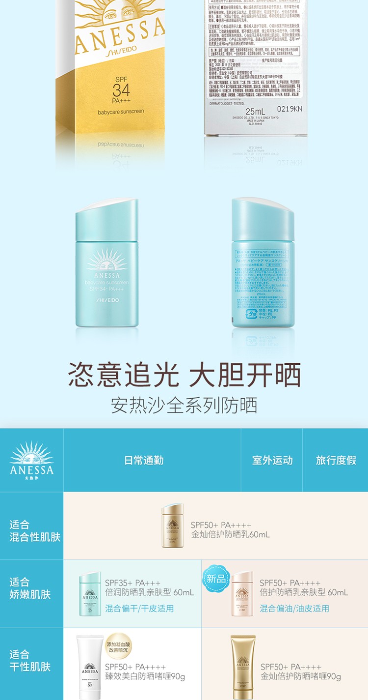 安热沙（Anessa）屈臣氏安热沙Anessa隔离防晒霜学生军训户外 儿童防晒乳SPF34PA+++25ml