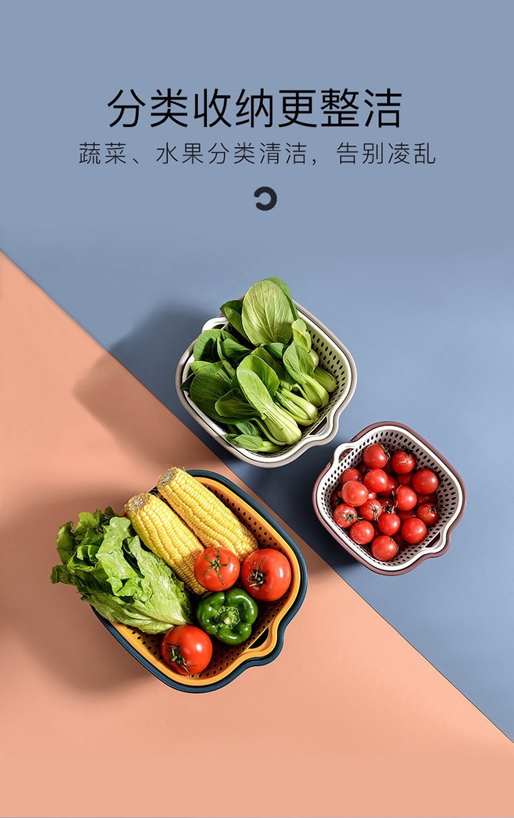 英耀双层沥水篮洗菜盆漏水篮塑料洗菜篮厨房洗菜框客厅水果盘果篮菜篮子六件套大号家用多功能加厚厨房洗菜盆 蓝黄【2件套】大号