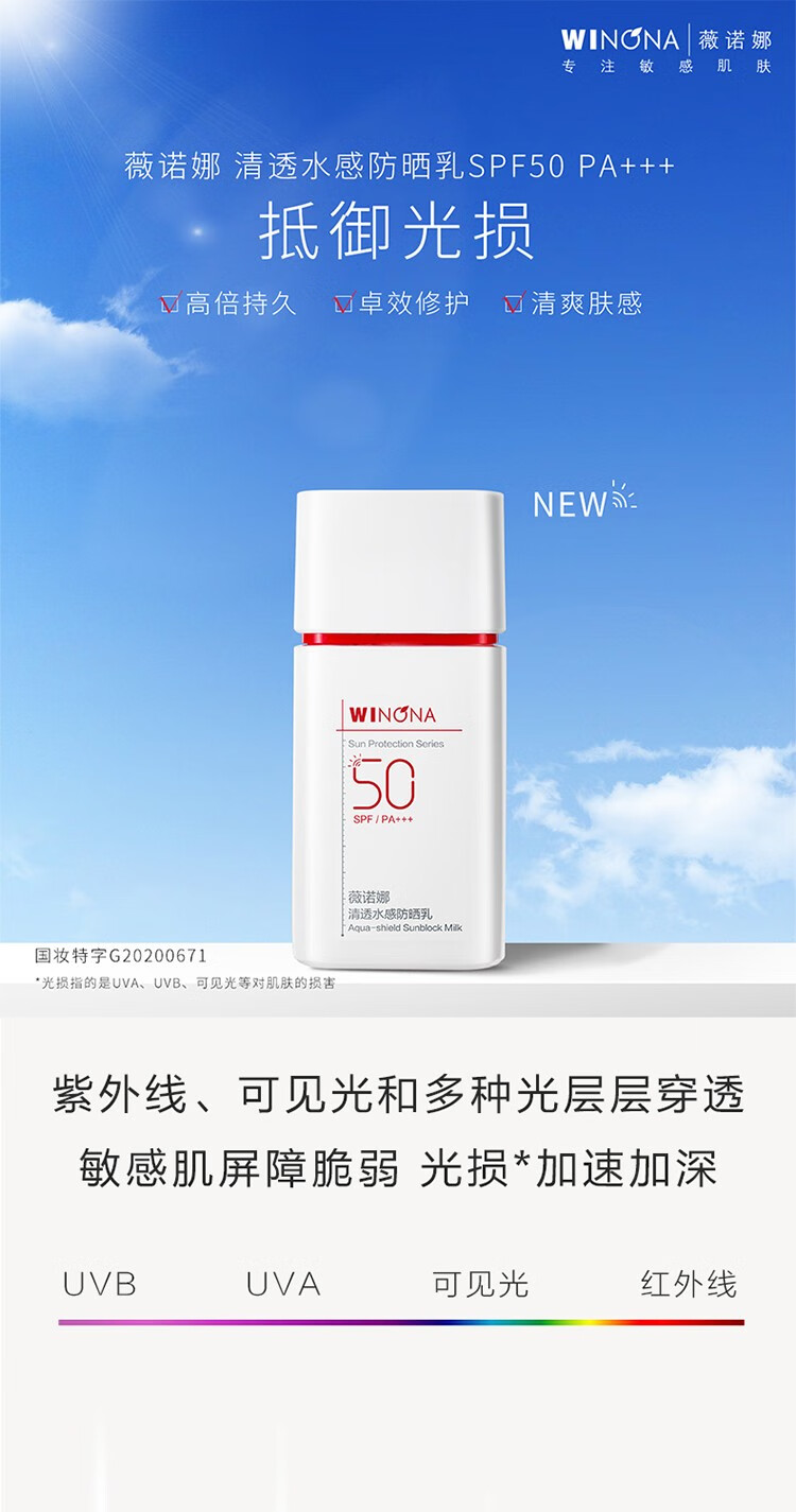 薇诺娜（WINONA）【屈臣氏】薇诺娜清透水感防晒乳SPF50PA+++ 50克