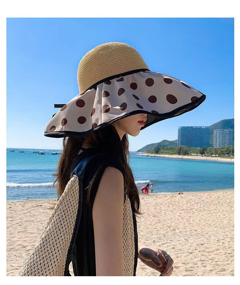 帝达芙美妆工具夏季黑胶蝴蝶结遮阳帽女渔夫草帽大帽檐遮脸太阳帽子 卡其色
