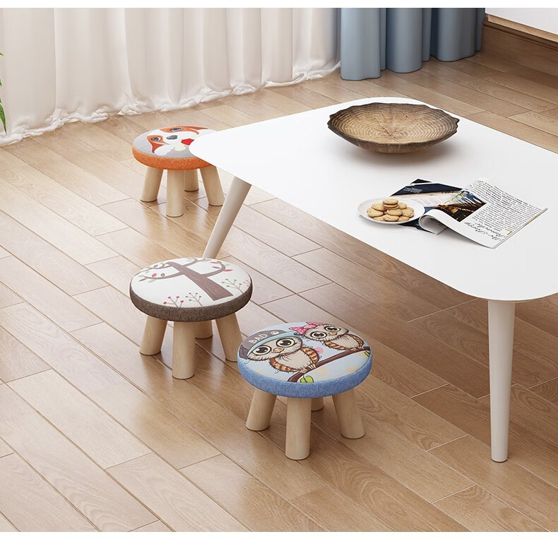 小凳子家用实木凳椅子门口换鞋凳宝宝可爱时尚卡通创意布艺圆凳沙发矮凳软座板凳坐凳 蓝树