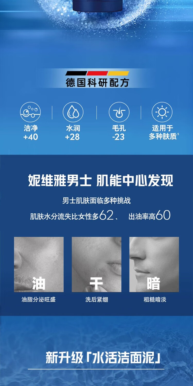 妮维雅男士水活畅透洁面泥100g清洁保湿滋润补水清爽洗面奶学生护肤秋冬  【2支装】水活畅透洁面泥100g*2