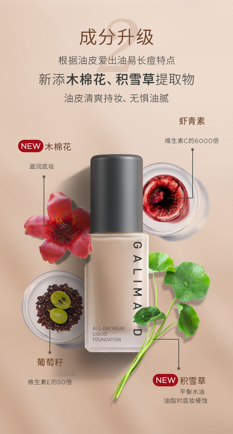 嘉利玛（GALIMARD） 虾青素粉底液遮瑕保湿滋润肌肤轻薄持妆改善肤色暗沉油皮女学生 【油皮专属】N00亮肤色30ml
