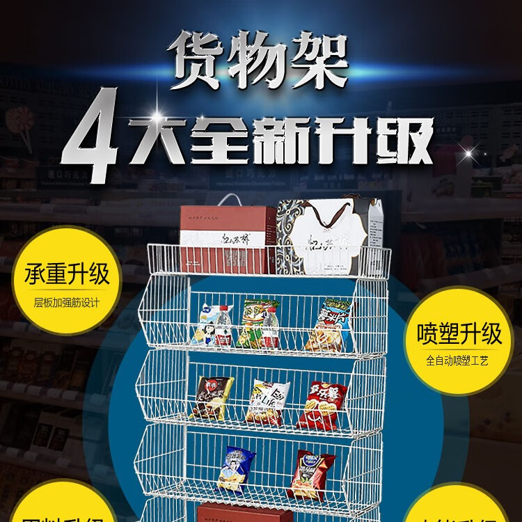 英耀超市零食货架斜口篮商店小卖部便利店货架玩具药店置物架展示架子铁丝网格架多层促销展架 加厚白色90*45*140五层(含顶)