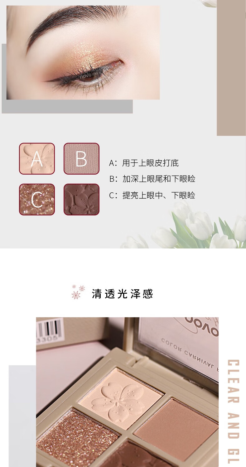 NOVO樱花物语四色眼影盘大地色哑光闪粉珠光防水 小巧便携ins超火独角兽男女学生初学者 2#纯洁