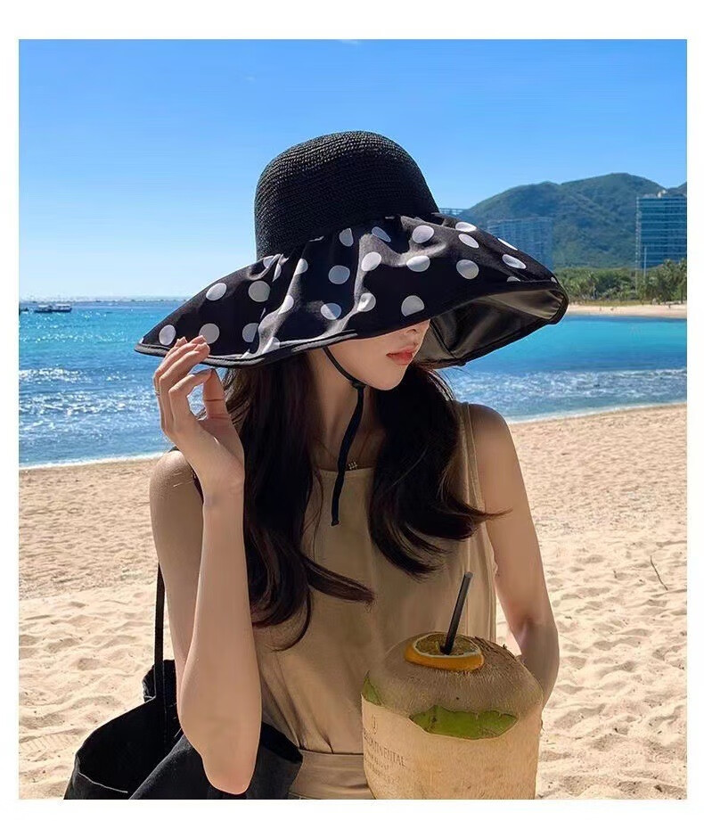 帝达芙美妆工具夏季黑胶蝴蝶结遮阳帽女渔夫草帽大帽檐遮脸太阳帽子 卡其色