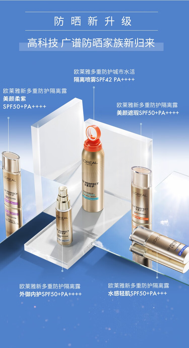 欧莱雅（L'OREAL）防晒霜女小金管隔离防晒霜紫外线遮瑕三合一女学生军训面部护肤品 小金管防晒