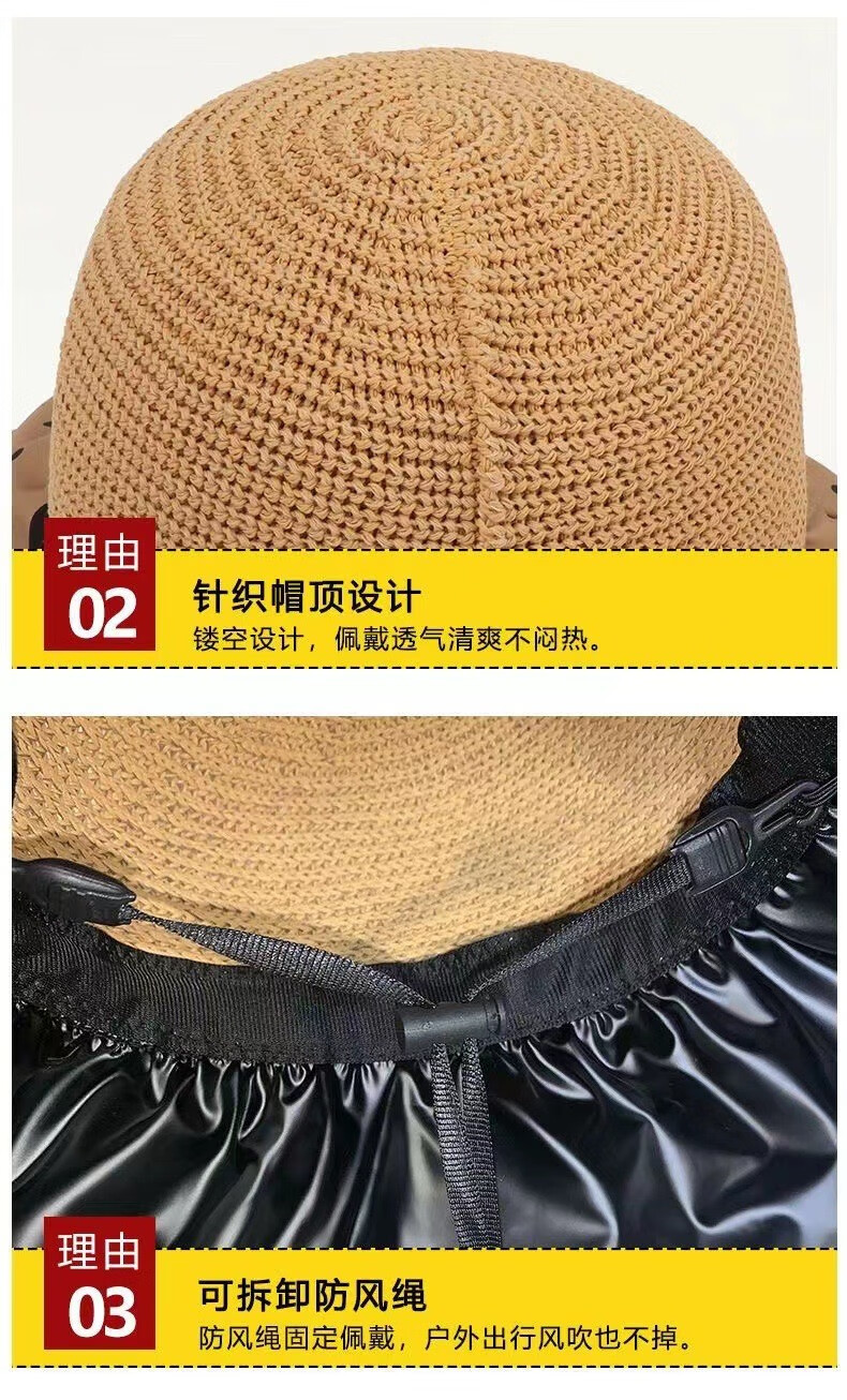 帝达芙美妆工具夏季黑胶蝴蝶结遮阳帽女渔夫草帽大帽檐遮脸太阳帽子 卡其色