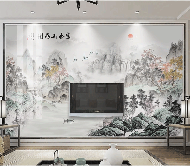 3d新中式山水画富春山居图电视背景墙壁纸装饰办公室5d壁画墙纸沙发