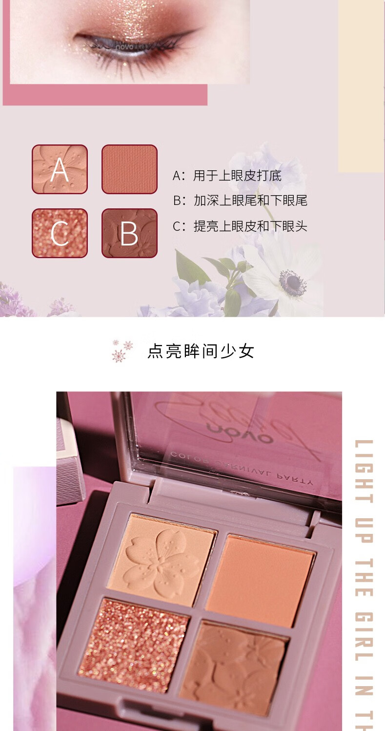 NOVO樱花物语四色眼影盘大地色哑光闪粉珠光防水 小巧便携ins超火独角兽男女学生初学者 2#纯洁