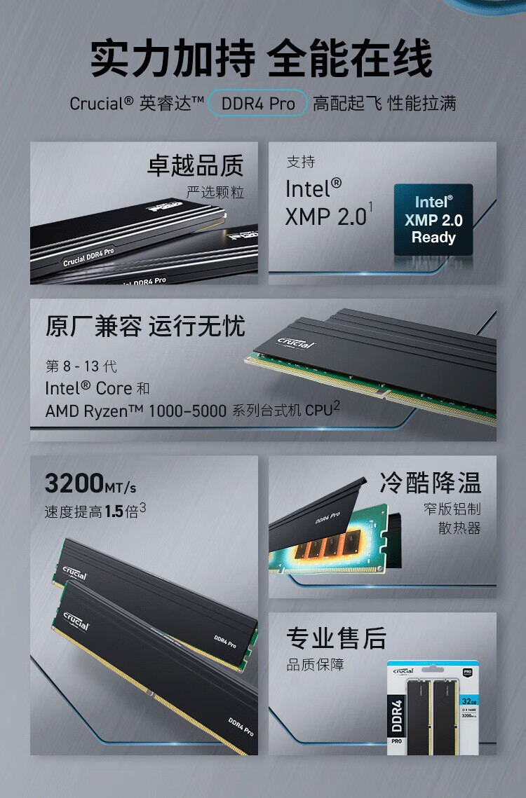 英睿达（crucial） 美光原厂镁光 DDR4内存条 8G/16G/32G 铂胜 台式机电脑内存 普条 16G(8G*2) 3200 DDR4