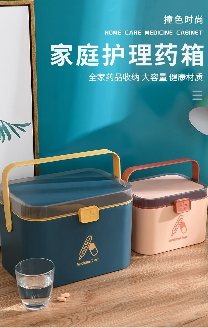 家用医药箱家庭装多功能小药箱小型手提密封急救箱全套大容量药品收纳盒北欧医药盒子 蓝色大号27.8*20.4*19.4