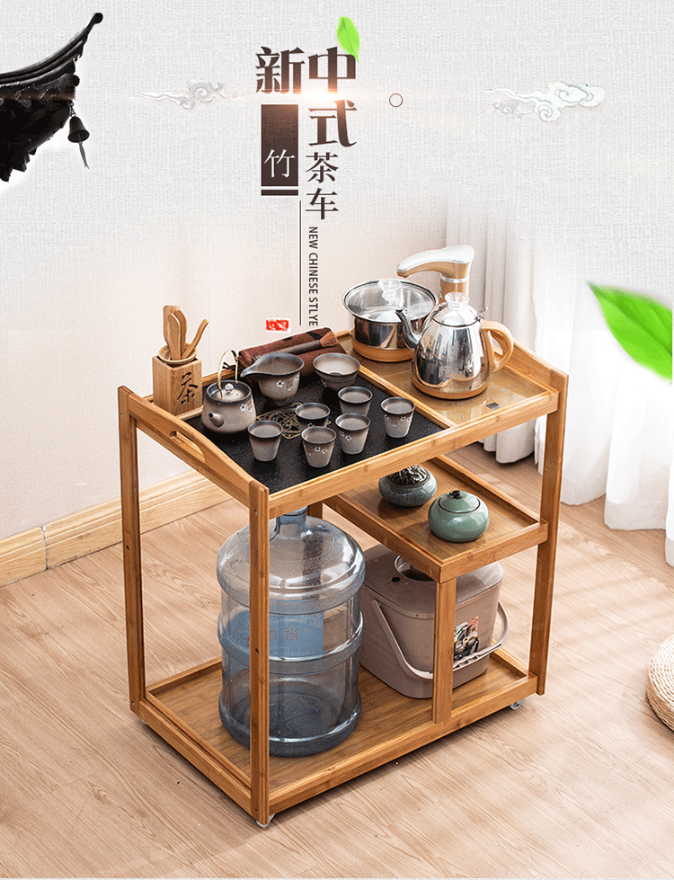 茶桌茶台移动茶车家用阳台功夫茶盘客厅烧水小茶桌办公室泡茶柜迷你边桌茶具收纳架子 胡桃色茶车+金色防烫自动电器