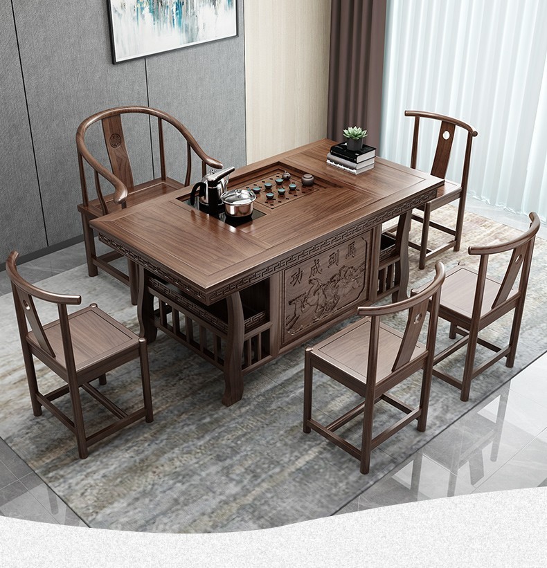 凡木匠 实木茶桌椅组合 功夫喝茶桌 新中式茶几桌 实木茶台套装 小户型阳台办公室南榆木茶道茶艺桌 1.5m马到成功+1太师椅+4月牙椅【配乌金石】