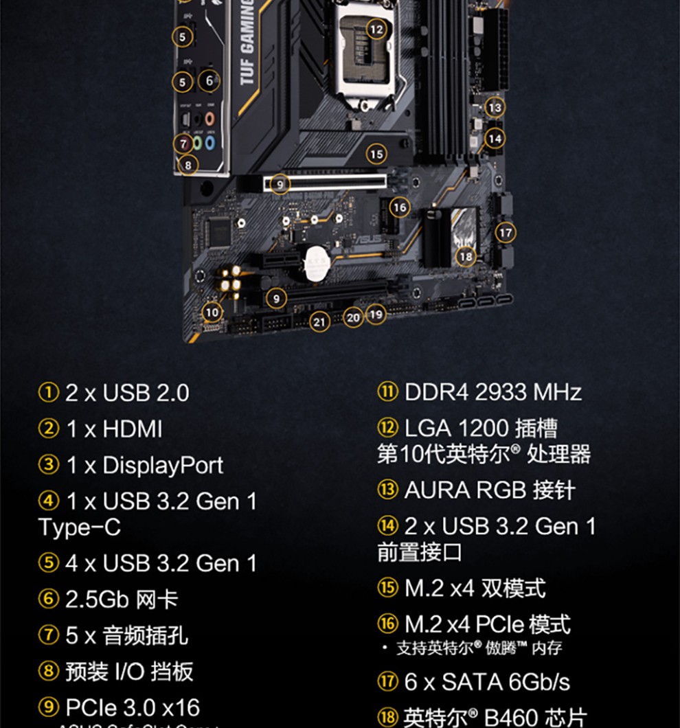 华硕(asus b460主板 rog tuf 大师系列重炮手电竞游戏主板lga1200